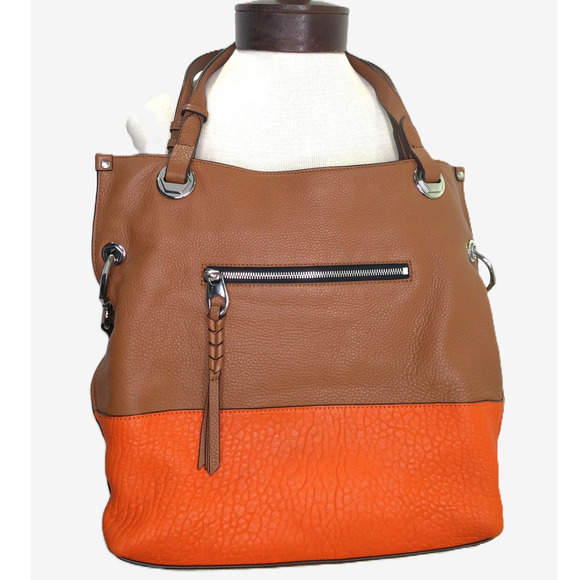 Cognac Pebbled Leather Purse Colorblock Crossbody Bag Silver Accents Handles - Picture 2 of 12